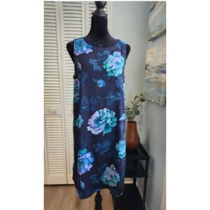 LOFT Floral Print Sleeveless Shift Dress Navy Aqua Purple Medium Petite